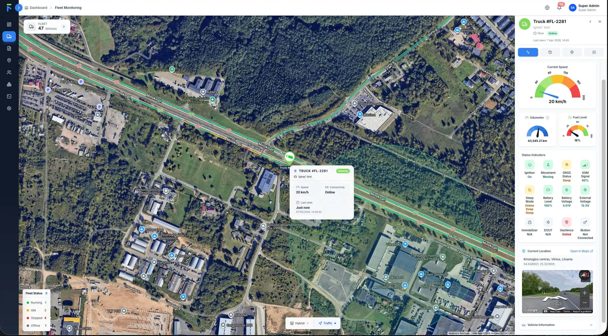 FlottaGPS — live fleet monitoring map with real-time vehicle positions